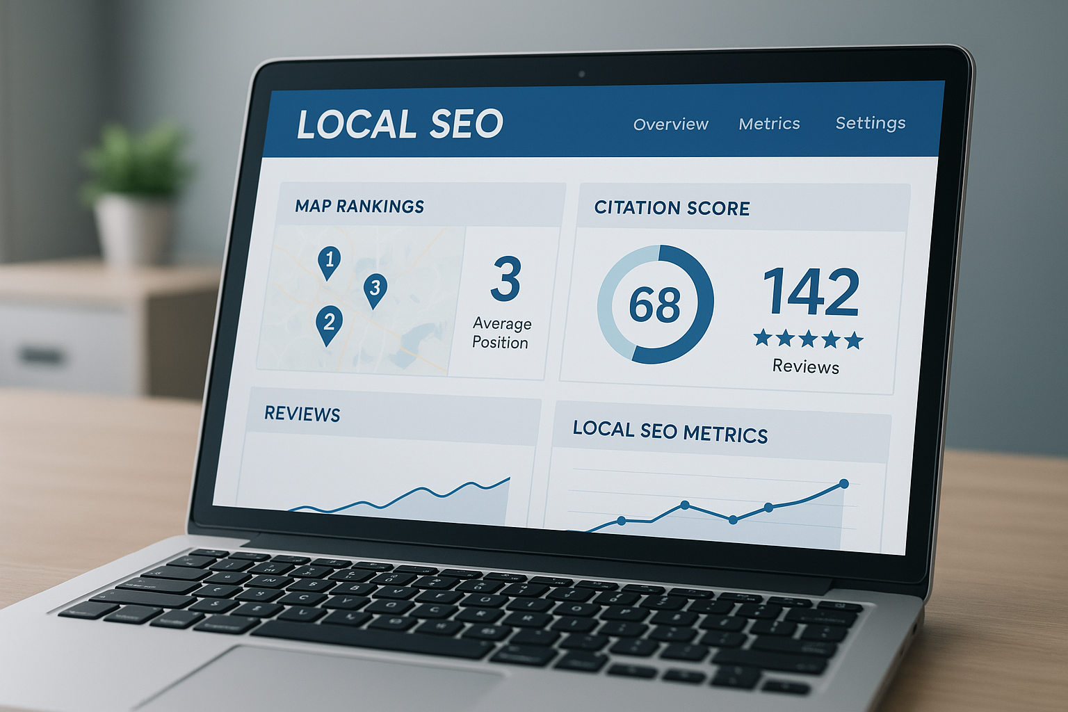 Local SEO automation dashboard showing citation scores and local map rankings