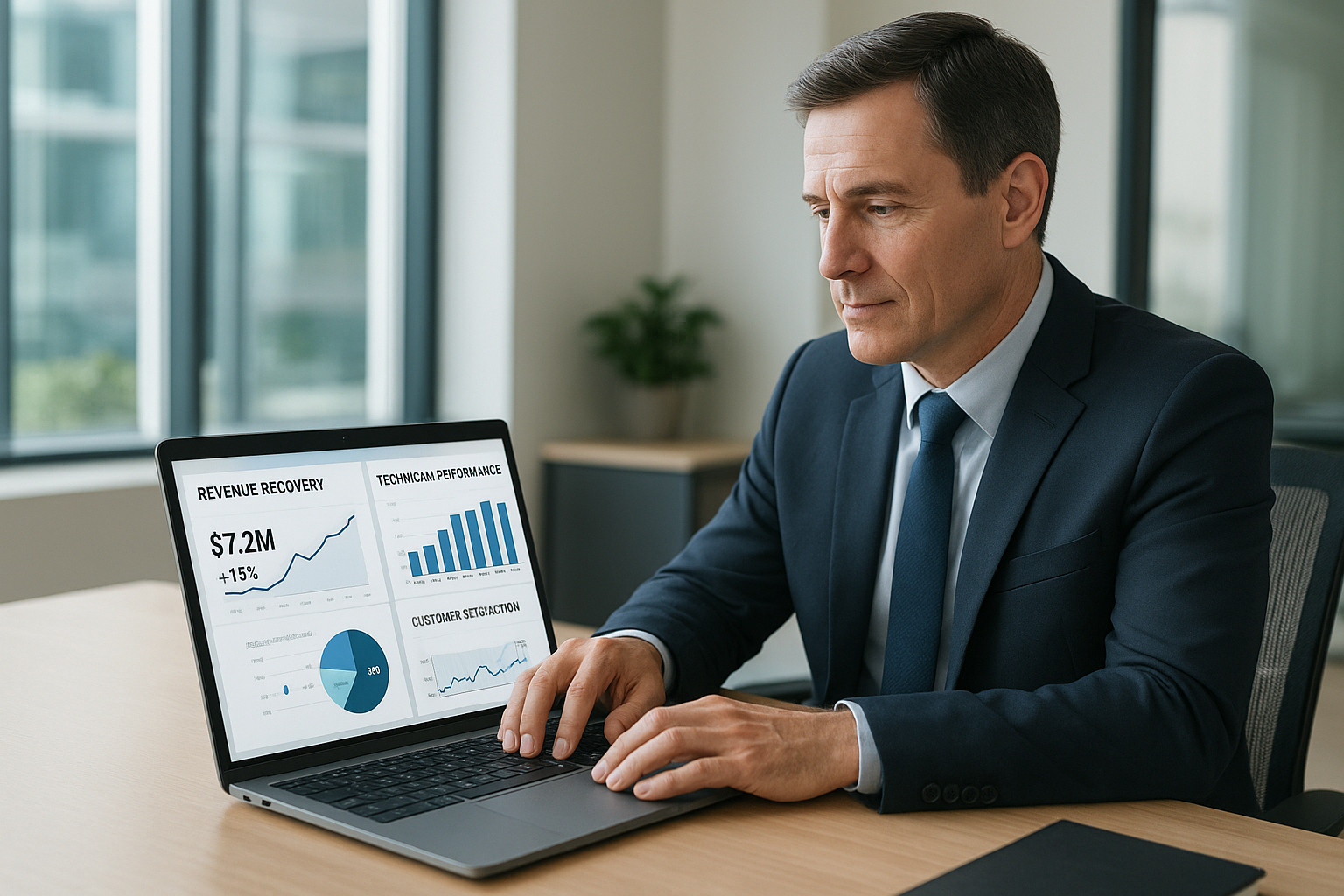 Business owner reviewing revenue recovery dashboard metrics on a laptop