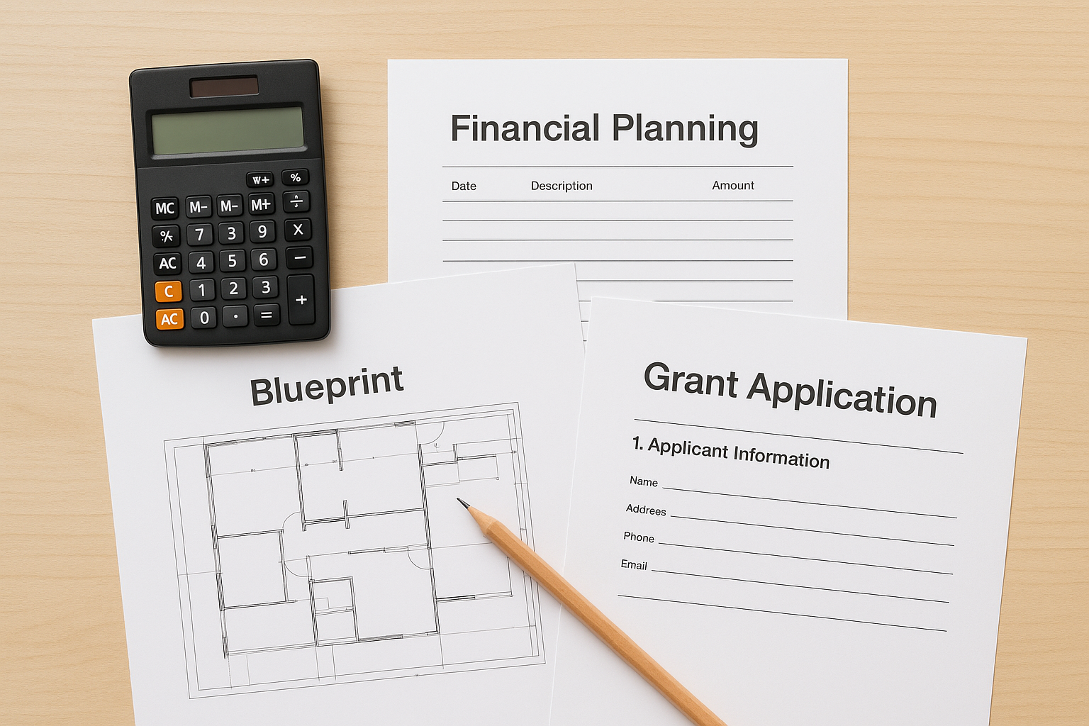 ADU grant application documents and blueprints spread on a desk for financial planning