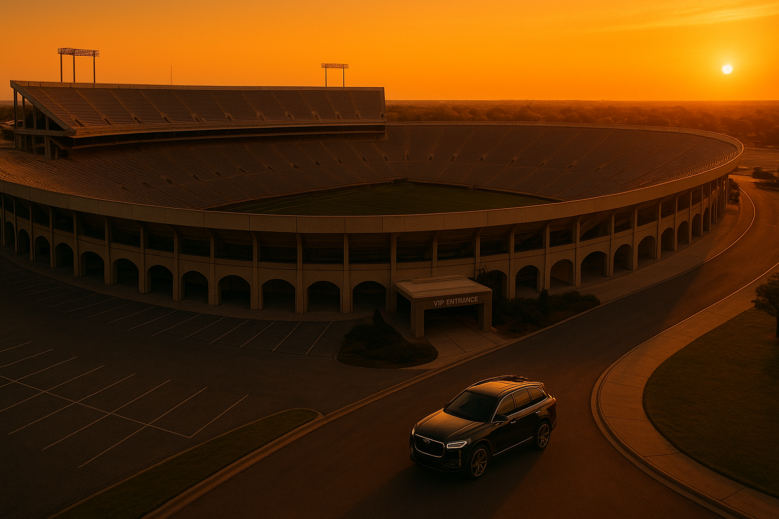Luxury SUV approaching a stadium VIP entrance for private event transportation