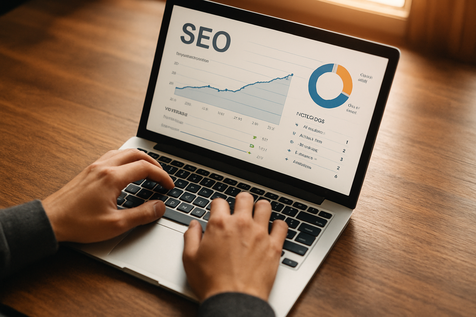 SEO professional using AIOSEO to analyze keyword rankings and site optimization metrics on a laptop