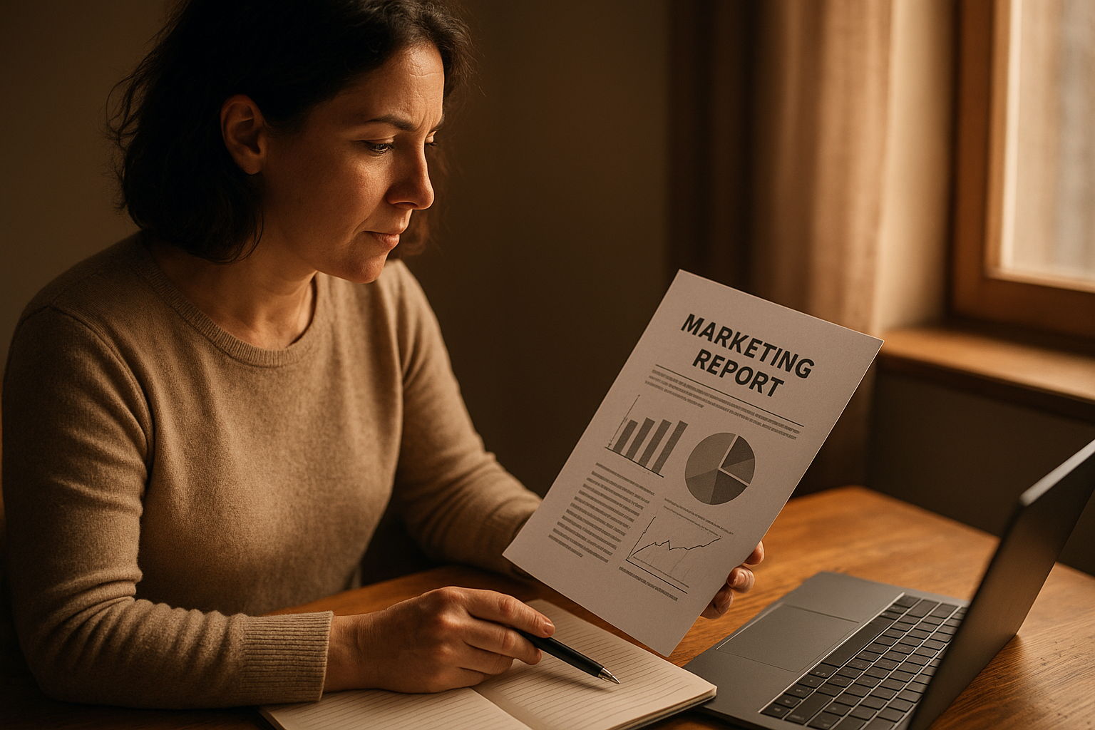 Local business owner reviewing a competitor review analysis report at a desk