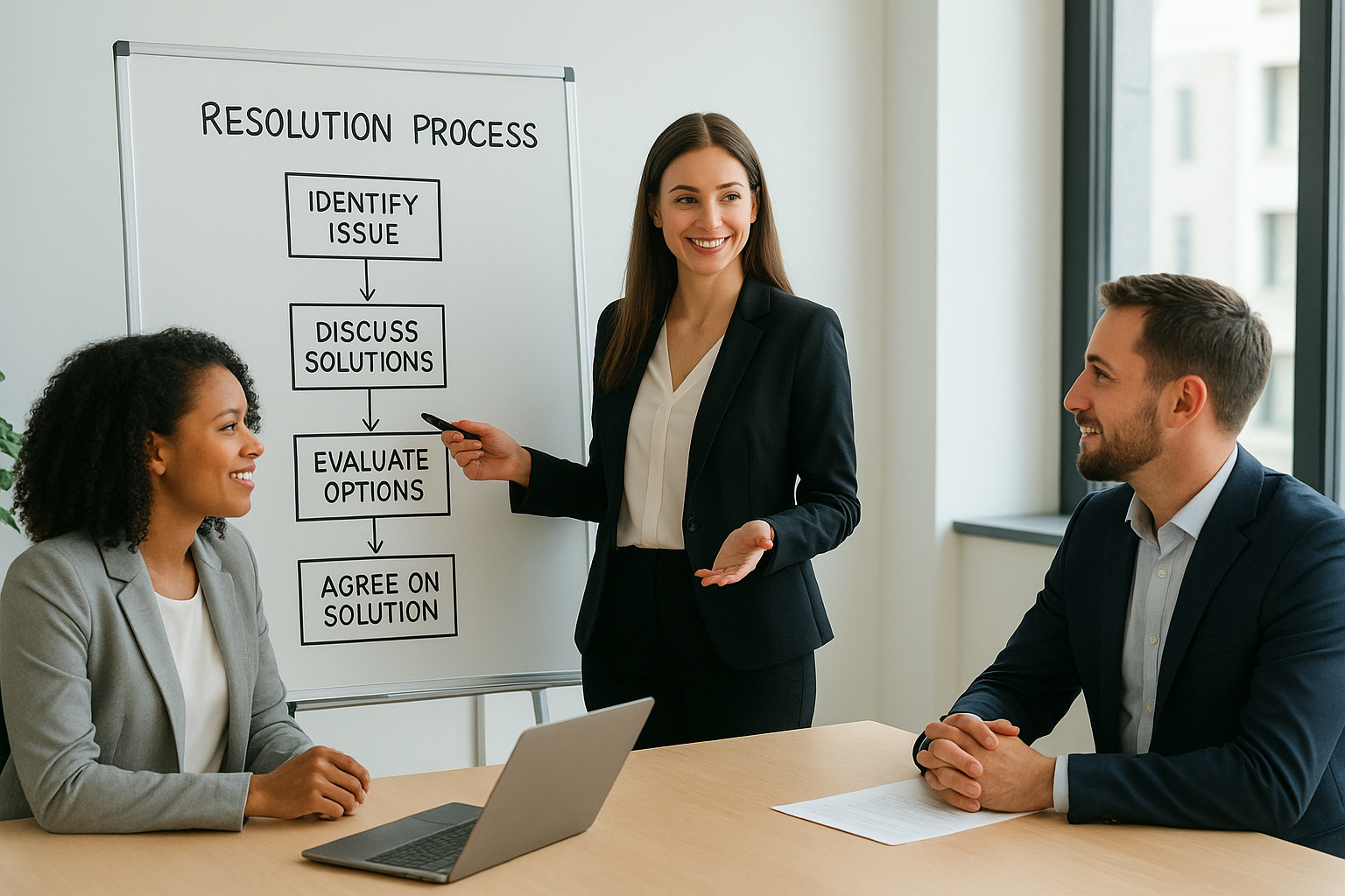HR consultant explaining a conflict resolution management process to small business leaders