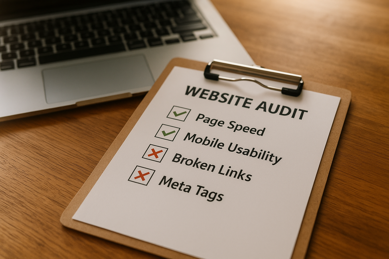 SEO audit checklist showing common issues that lower an SEO score including broken links and missing meta tags
