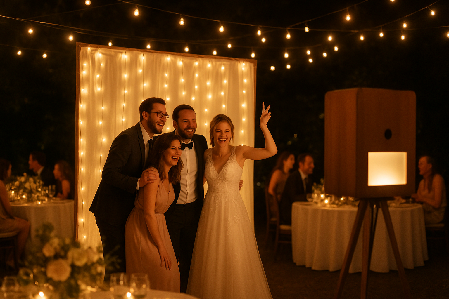 Photo booth rental Western Kentucky weddings guests posing under string lights