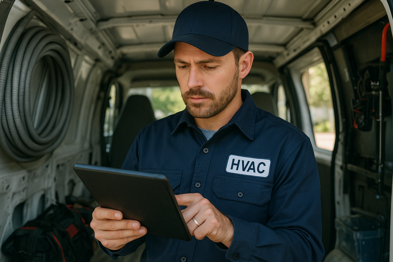 HVAC technician using a tablet to manage dispatch and job details in the field