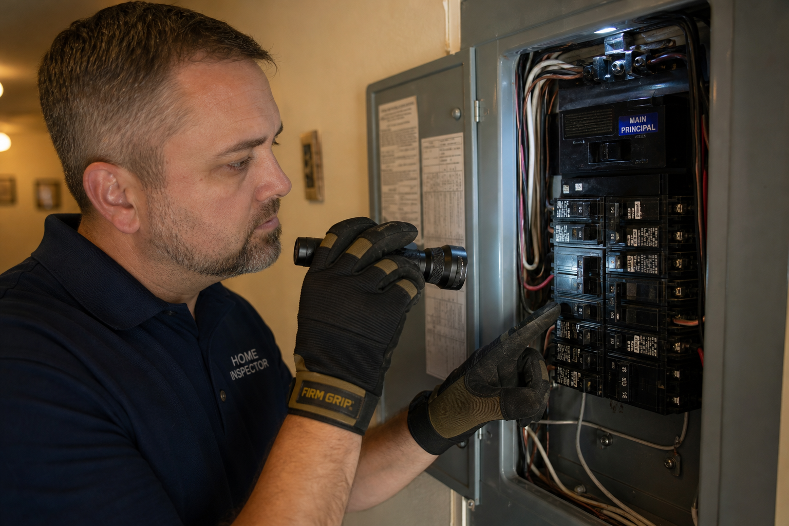 home inspector performing an electrical panel inspection on a residential breaker box