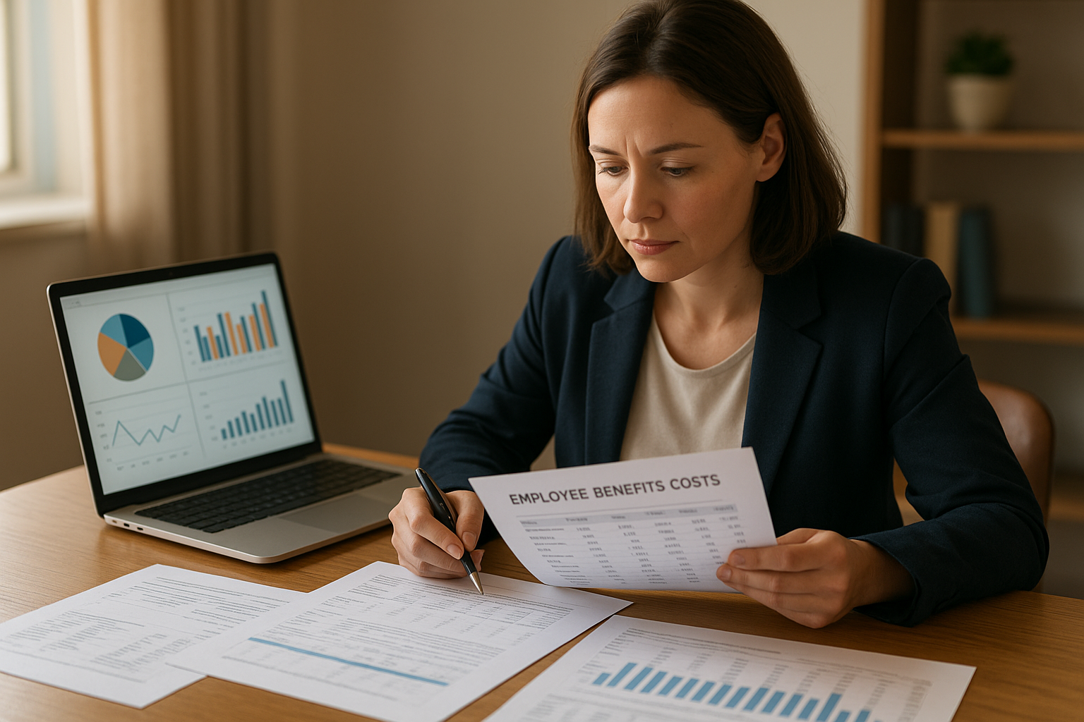 Business owner using a cost of benefits per employee calculator on a laptop with financial documents spread on desk