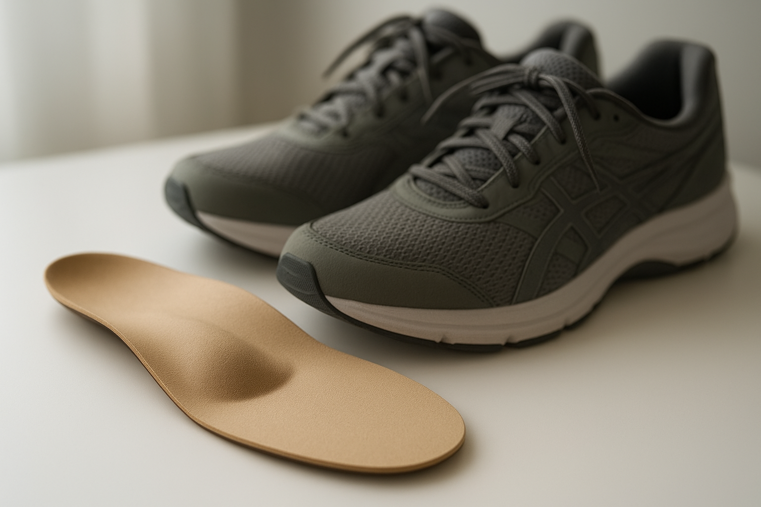 Custom orthotic insoles providing customized support for flat feet placed next to supportive athletic shoes