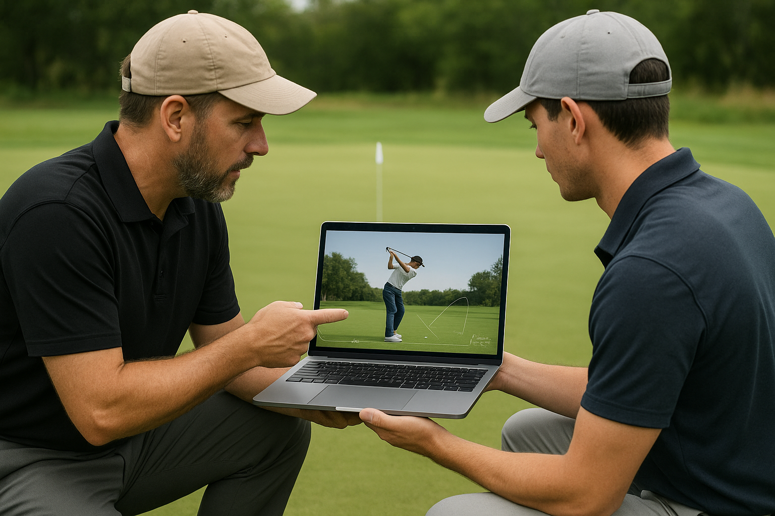 Coach and competitive golfer reviewing biomechanical swing data during tournament preparation