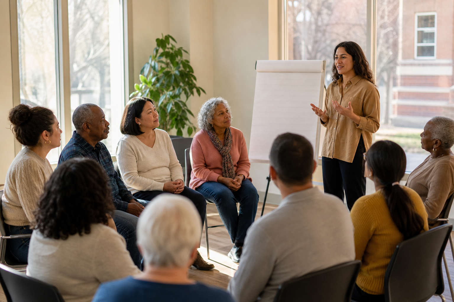 Community health workshop where facilitators and residents discuss trust and AI in healthcare