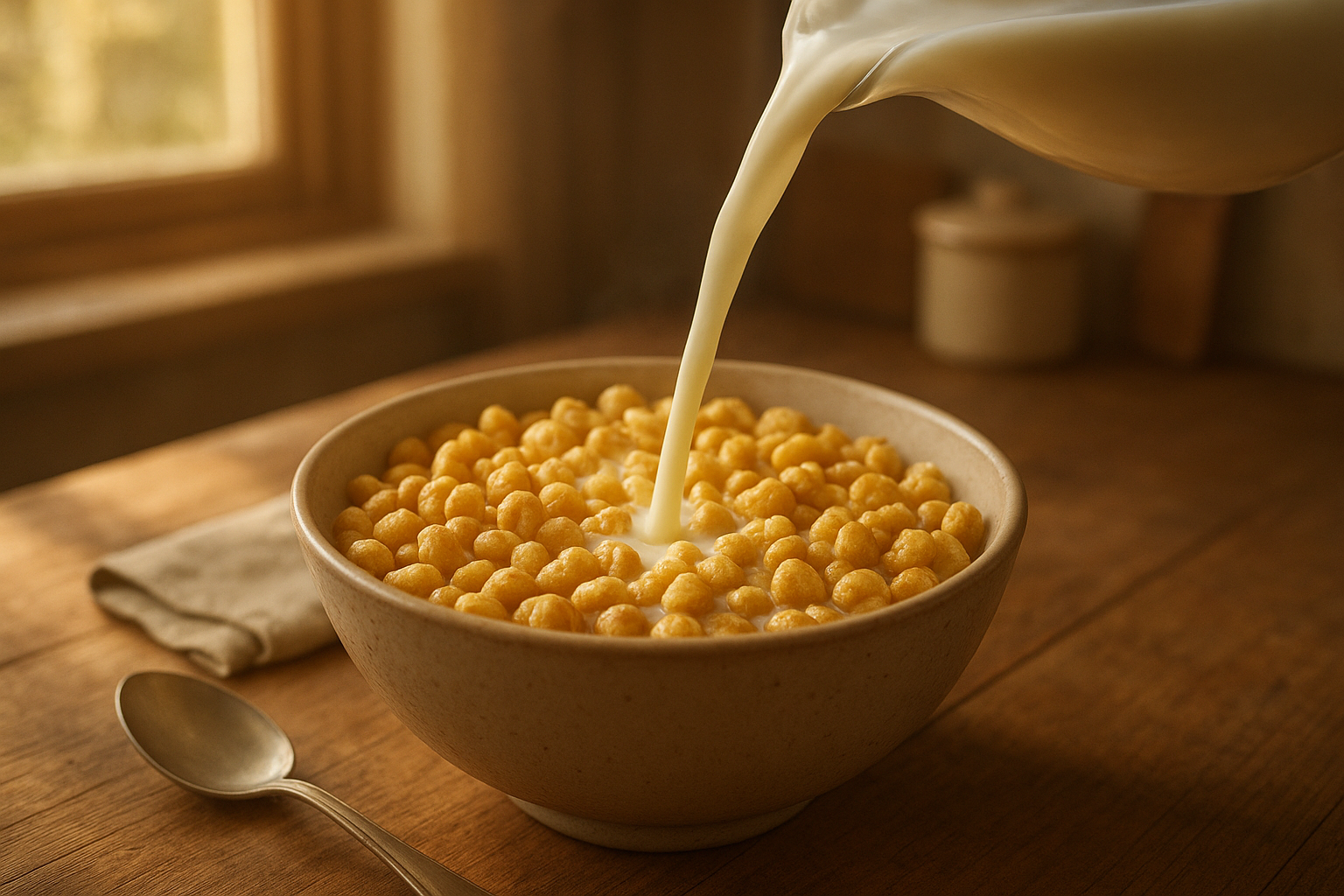 Bowl of healthy family cereal with milk on a wooden kitchen table in morning light