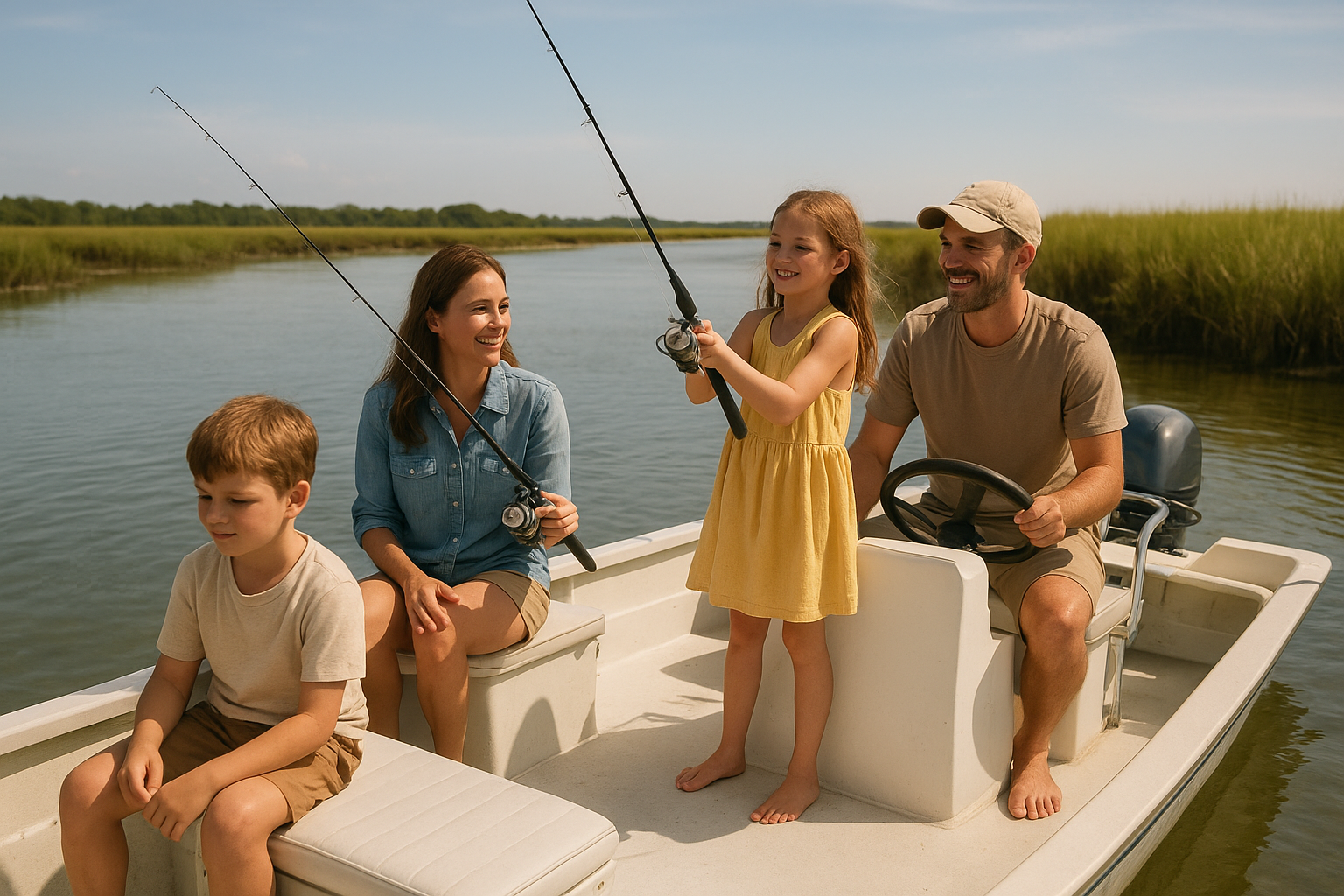Family enjoying a private inshore fishing charter trip near North Myrtle Beach