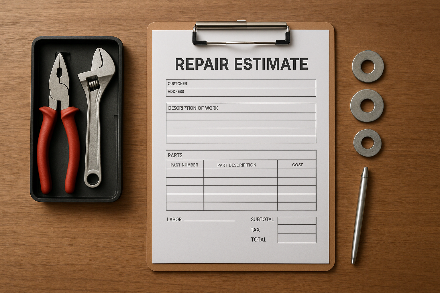 Written repair estimate and replacement parts used during a washer repair service near me appointment