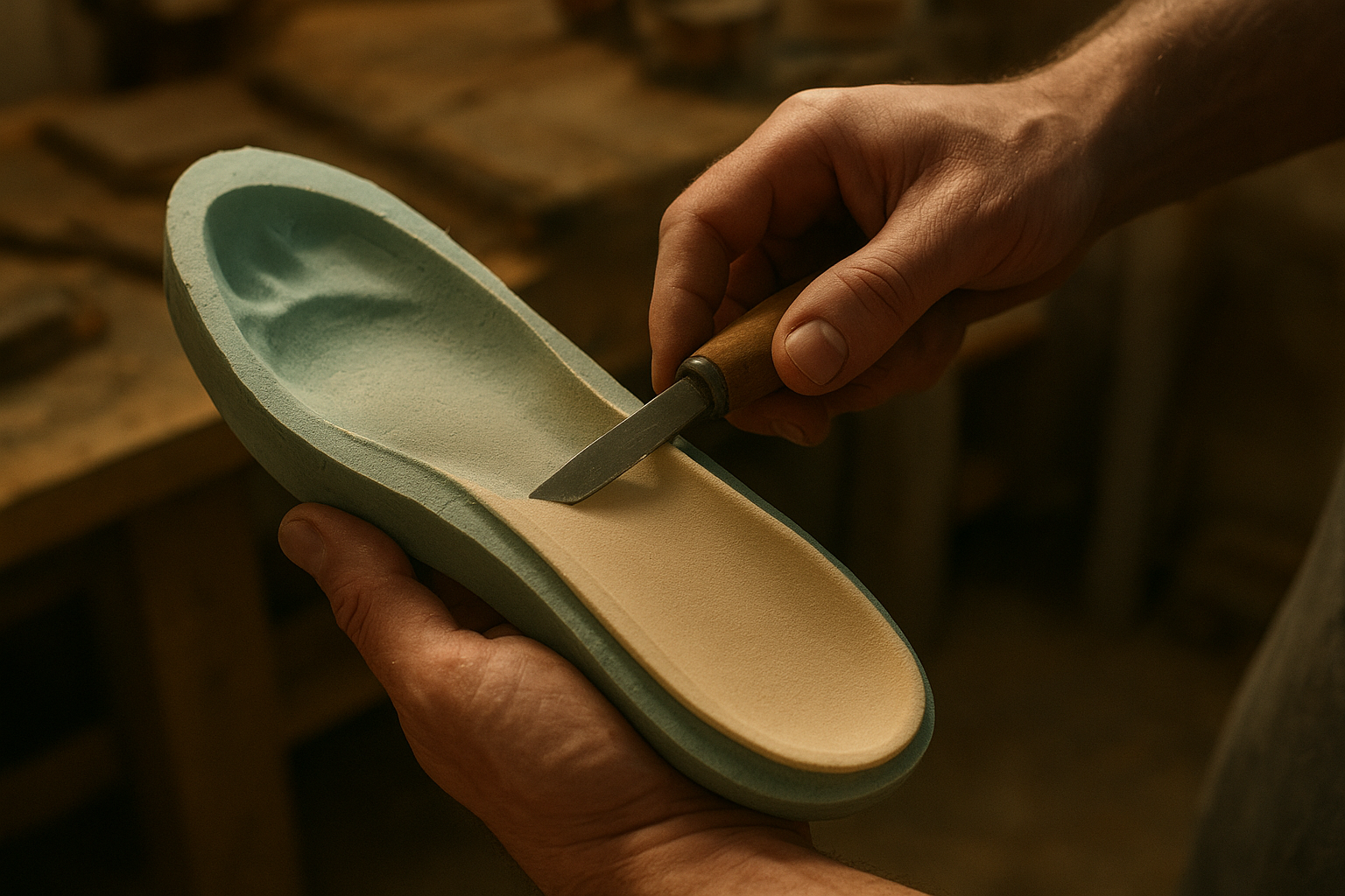 Close-up of a custom orthotic insole being molded from a foot impression