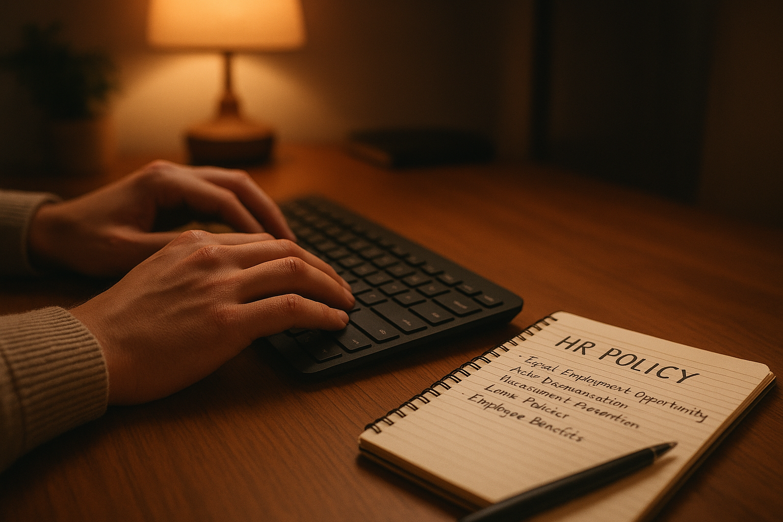 HR professional typing policy notes while reviewing the best HR site resources for compliance