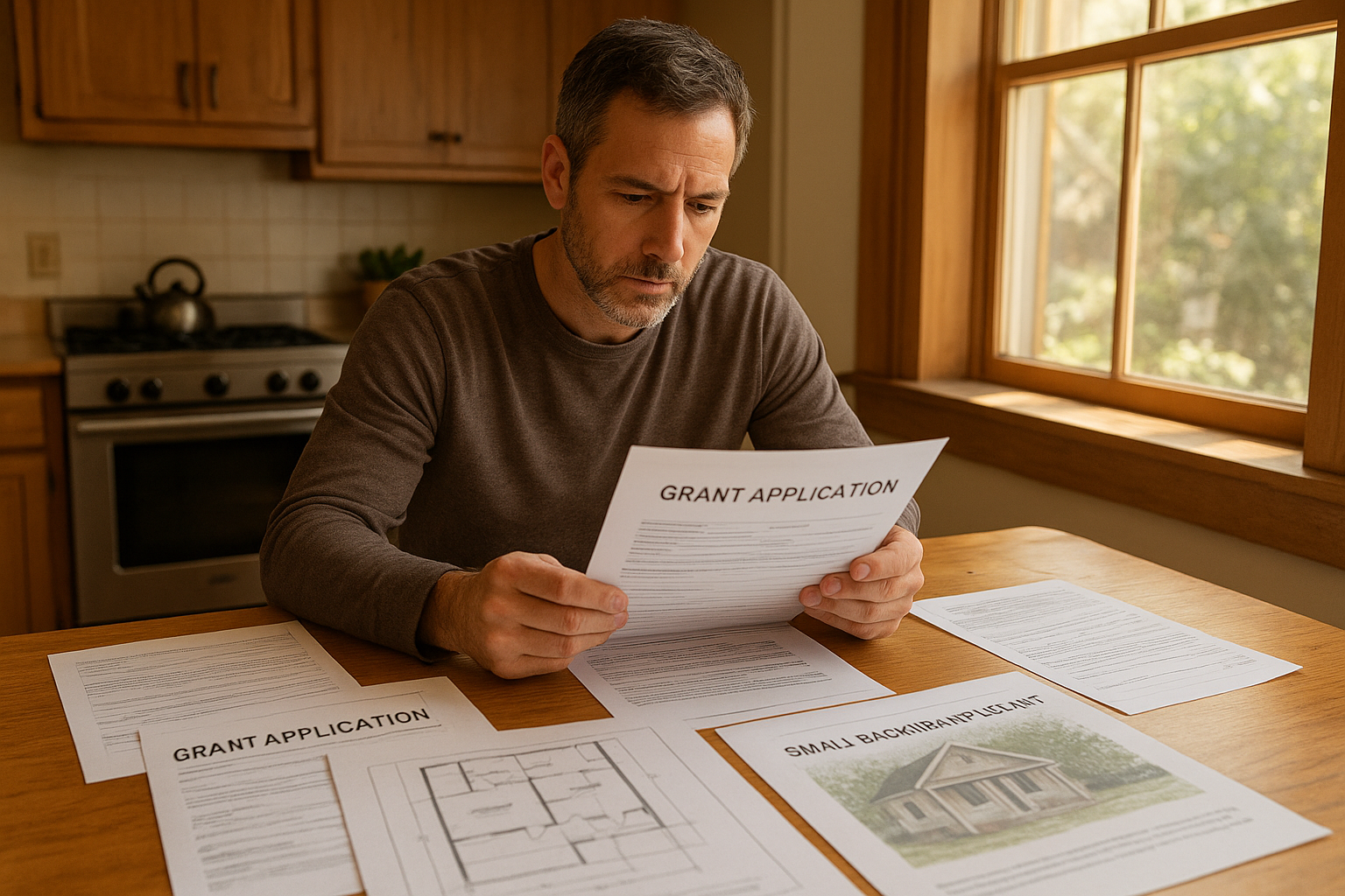 Homeowner reviewing ADU grant application documents and blueprints at a kitchen table
