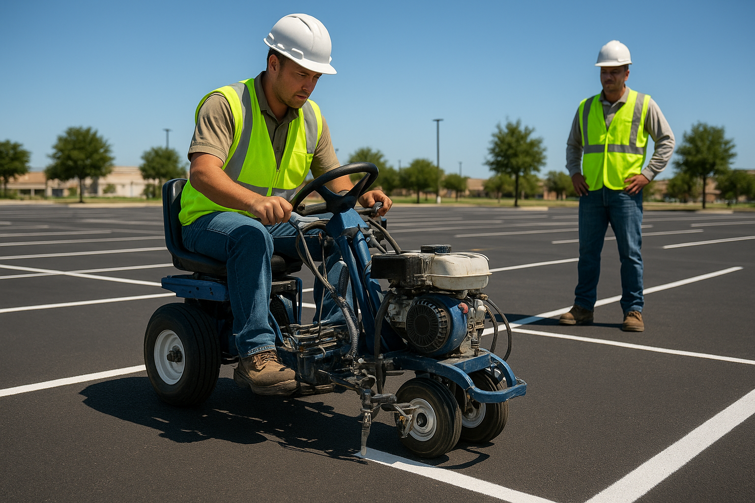 Parking lot striping crew using professional self-propelled striping machine to apply precise white stall lines on a commercial lot in Denton TX