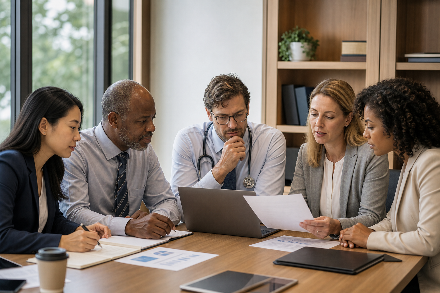 Diverse healthcare team meeting around a table to plan how to prevent an AI take over of clinical decisions