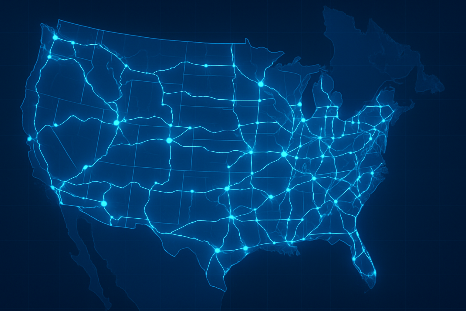 Map visualization of a freight carrier network spanning North America