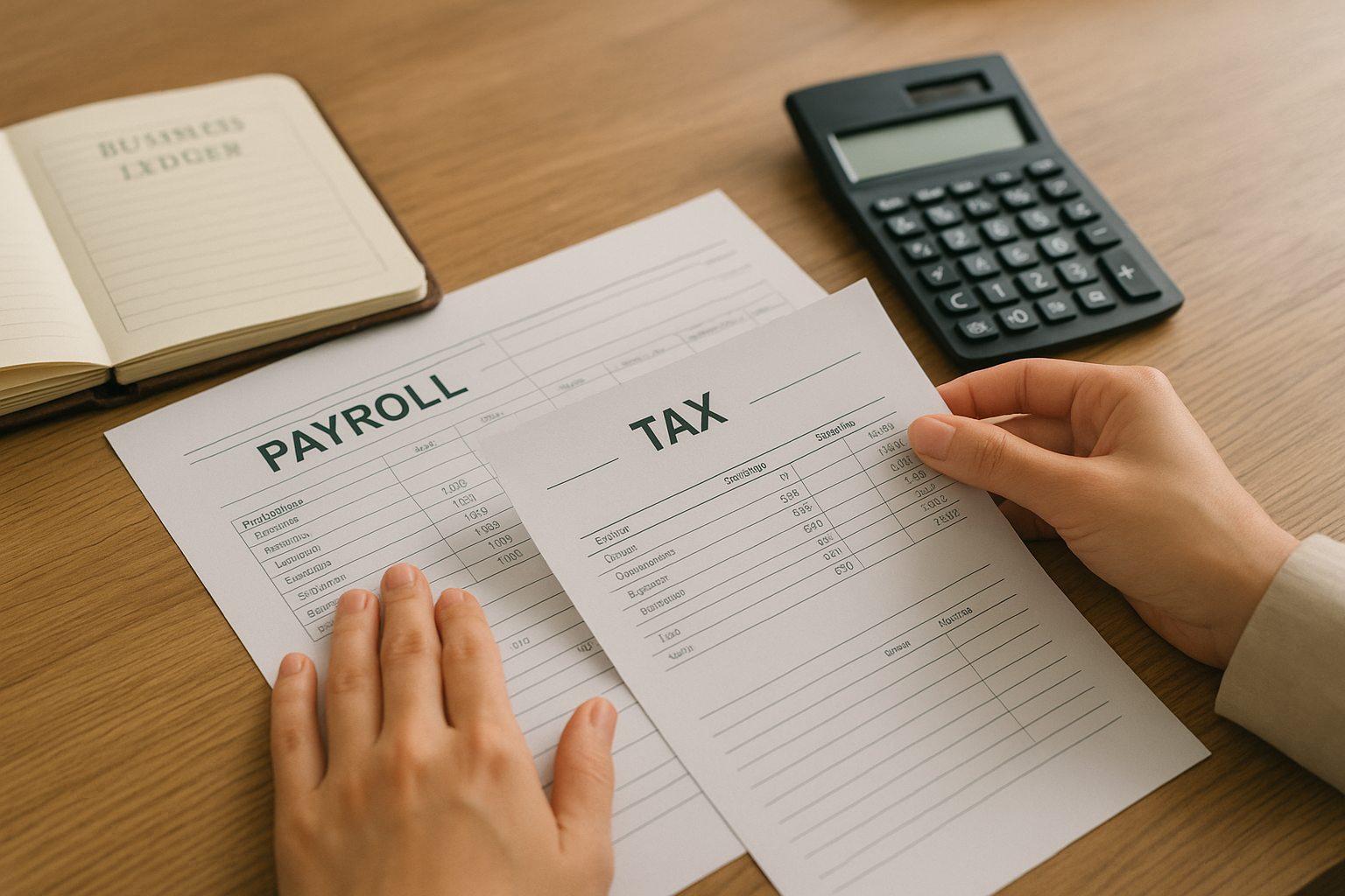 Payroll and tax documents organized for a small immigrant-owned business during an accounting migration