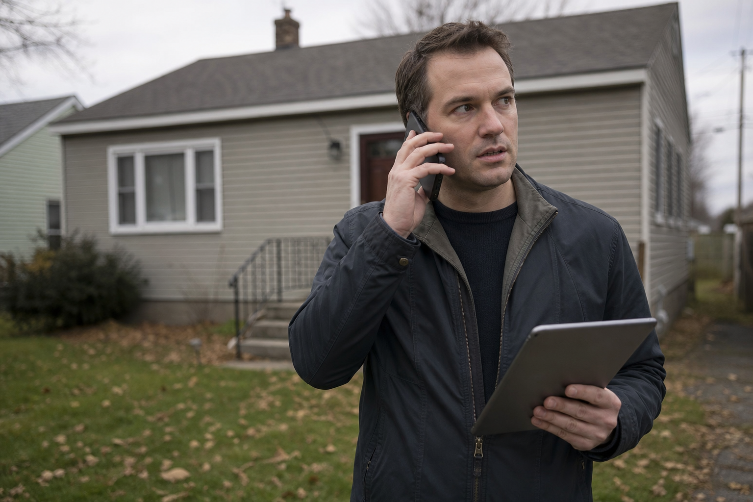 Investor calling a homeowner to present an offer while standing outside a house