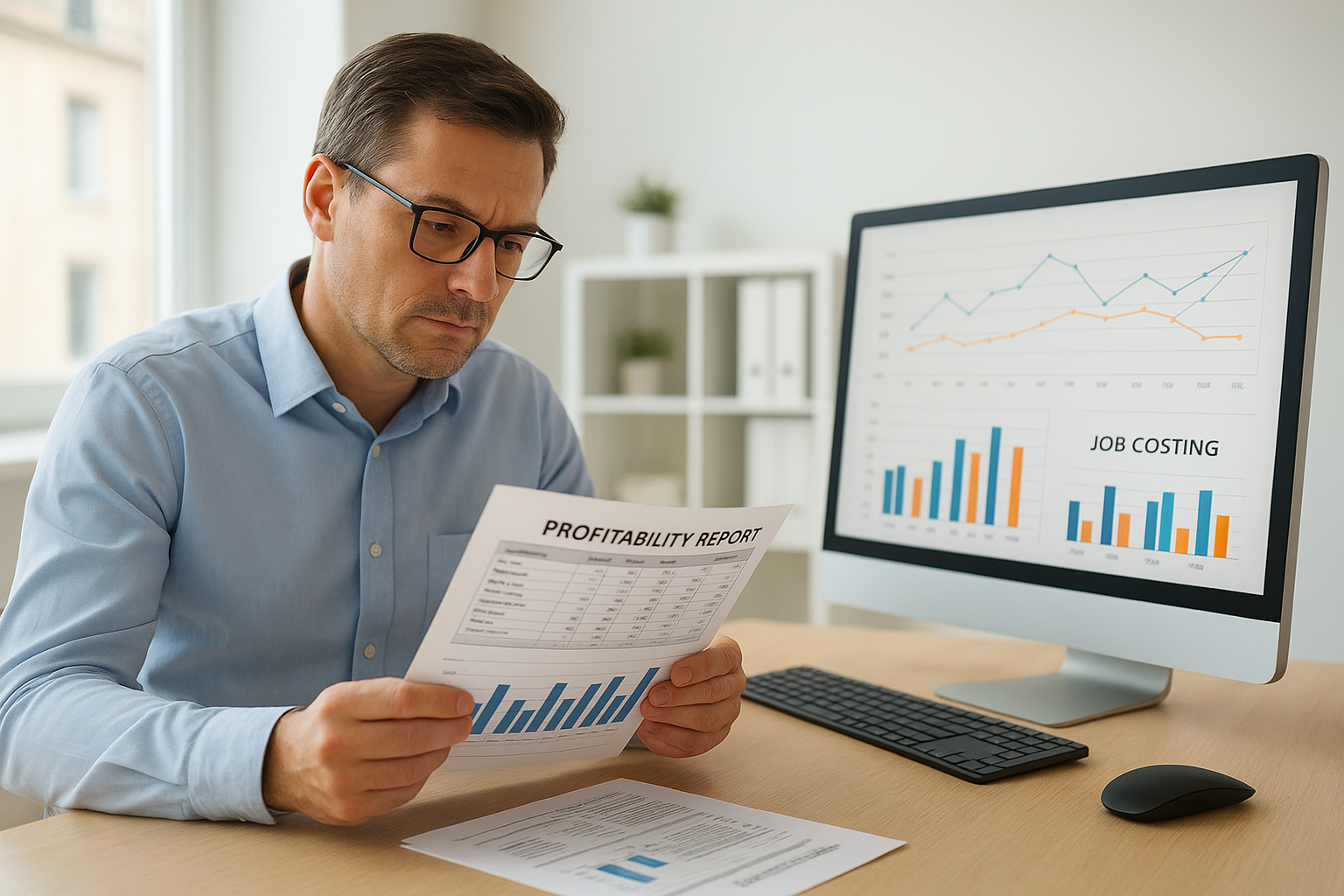 Office manager reviewing job profitability reports from lawn care business software