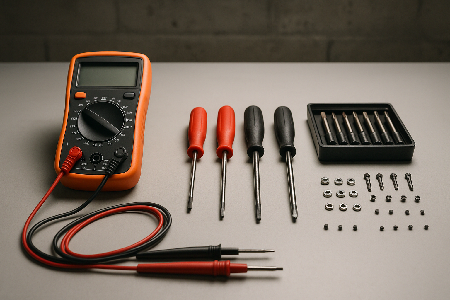 Organized toolkit and multimeter used for diagnosing household appliance problems