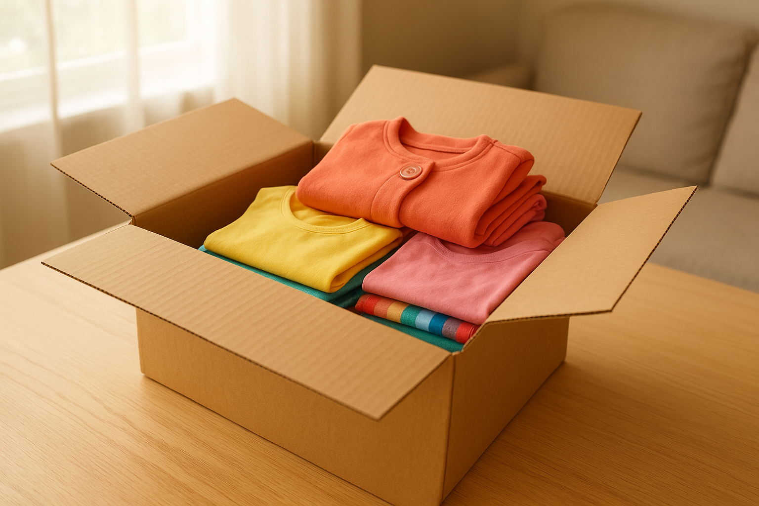 flexible clothing subscription for kids showing an open box of colorful folded children's clothes