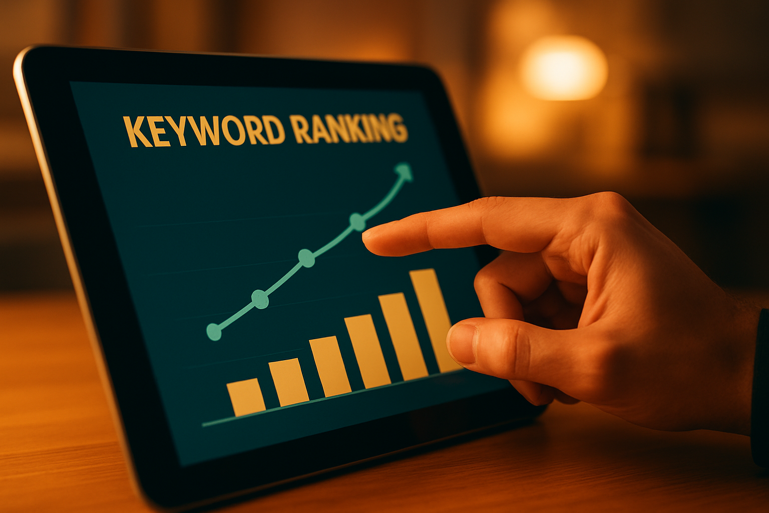 Person analyzing rising keyword ranking trends using SEO tracking tools on a tablet