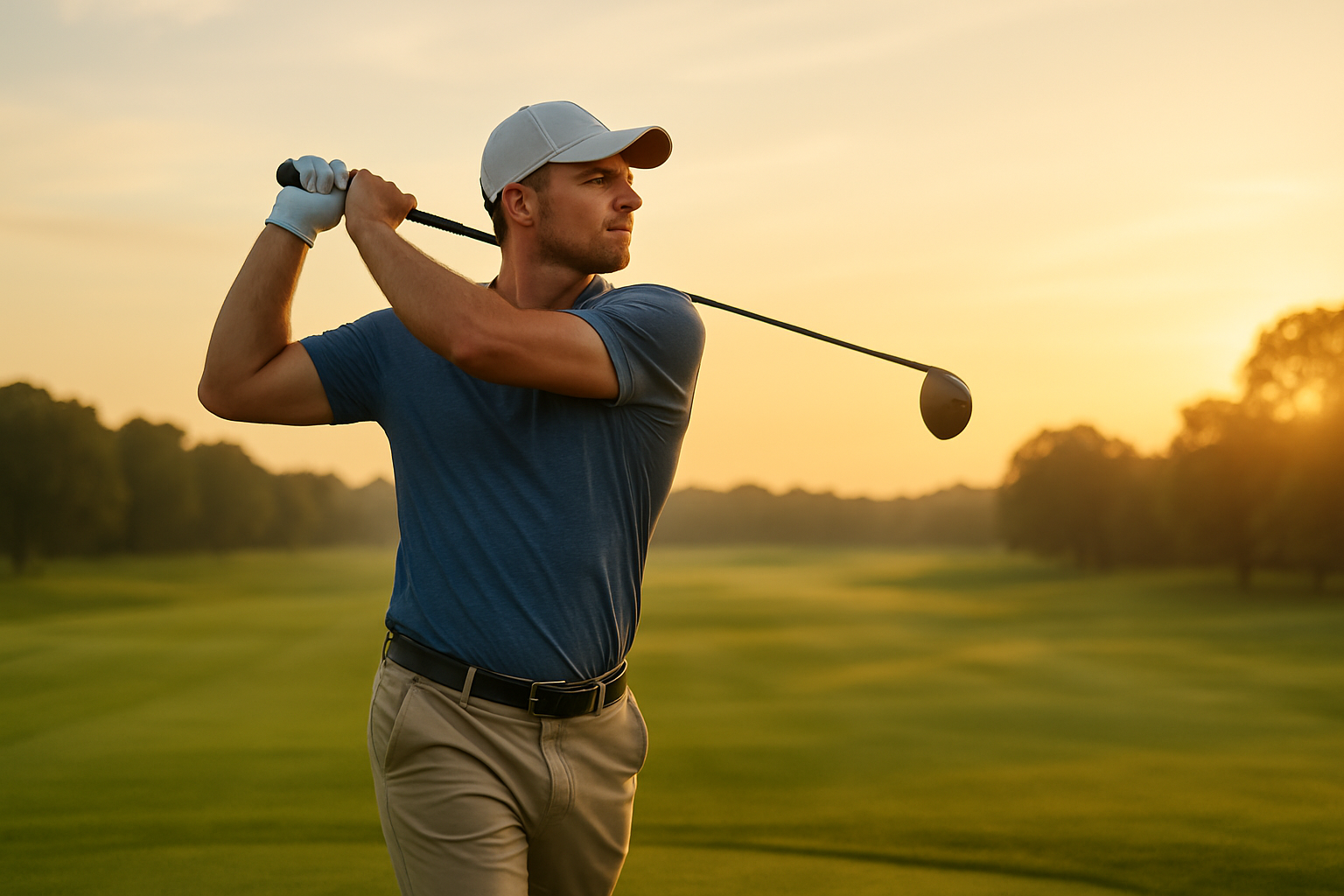 Golfer completing swing follow-through after applying elite golf swing lessons