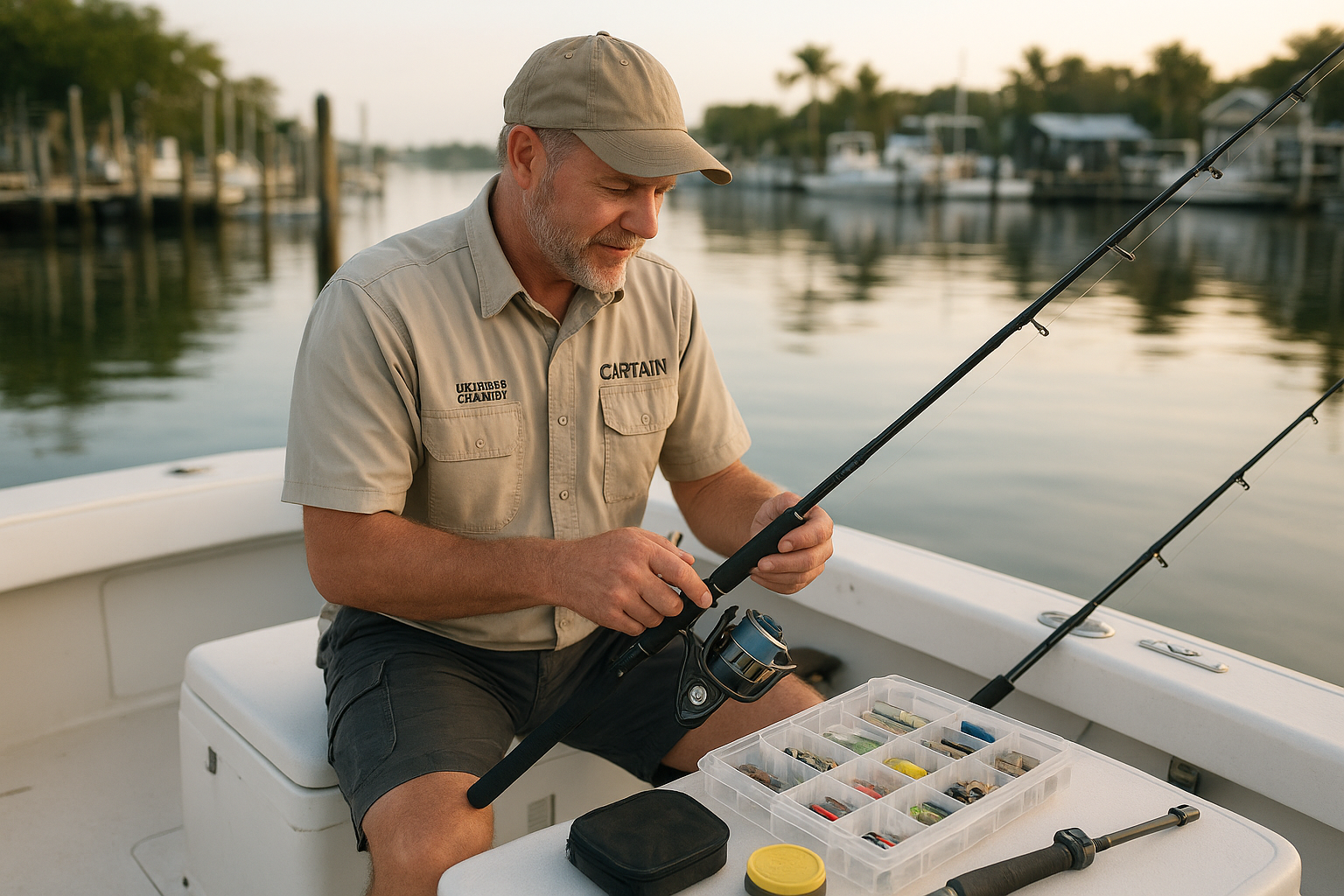 Licensed captain preparing rods and tackle before a private inshore fishing charter near Sunset Beach