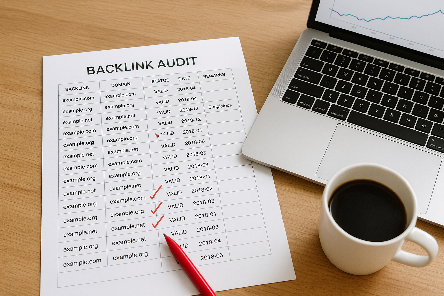 Printed backlink audit spreadsheet on a desk with suspicious links marked in red during an SEO review