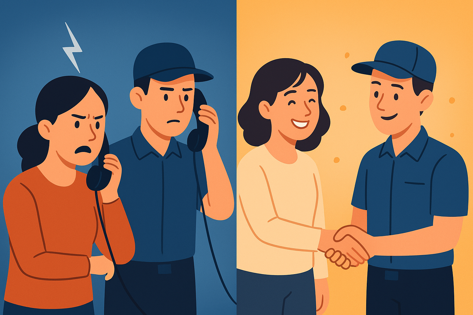 Split illustration contrasting a frustrated competitor customer with a satisfied customer switching to a new provider