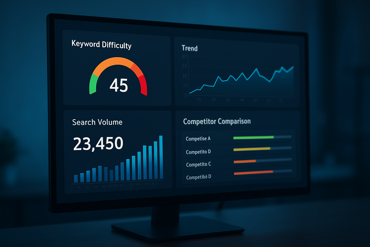 Advanced keyword research tool dashboard showing search volume trends and competitor analysis data
