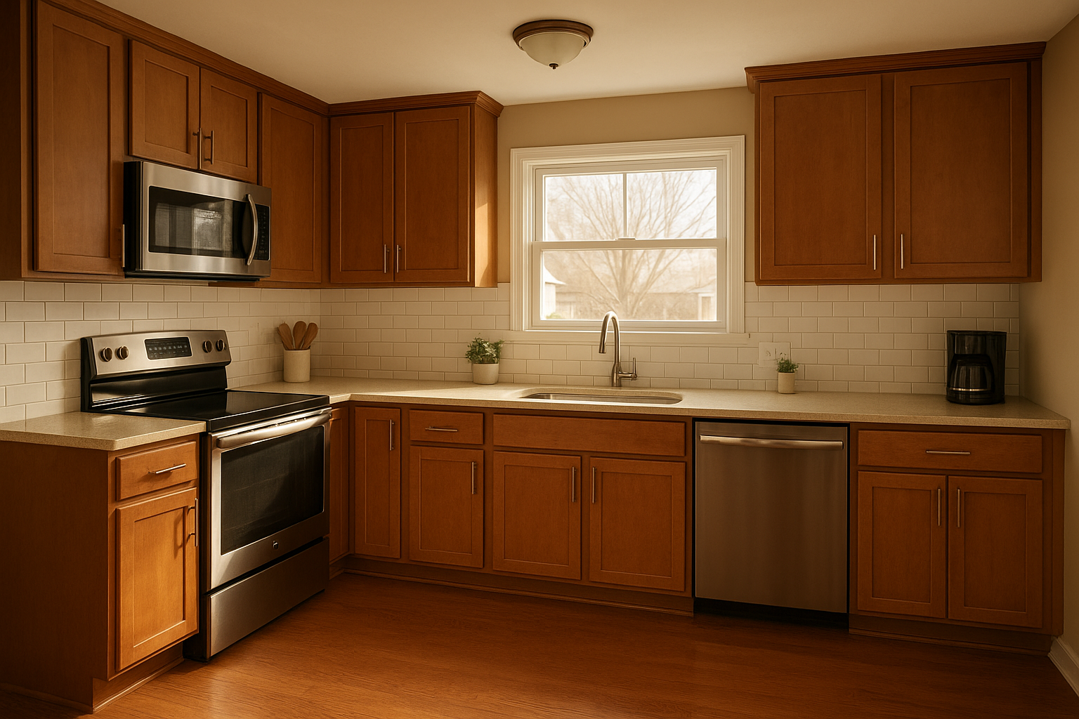 Finished Cincinnati kitchen after professional cabinet resurfacing and hardware update