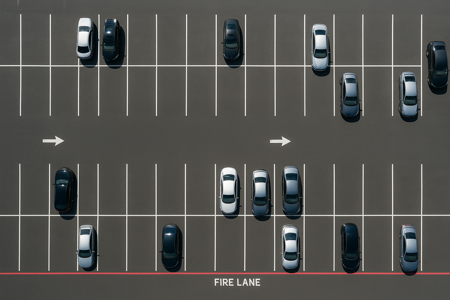 Aerial view of an organized retail parking lot with clear striping and directional markings
