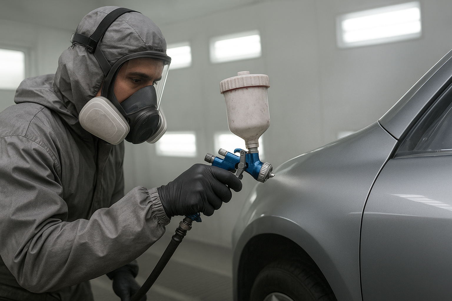 Technician color-matching paint during an auto body collision repair in a Brea shop