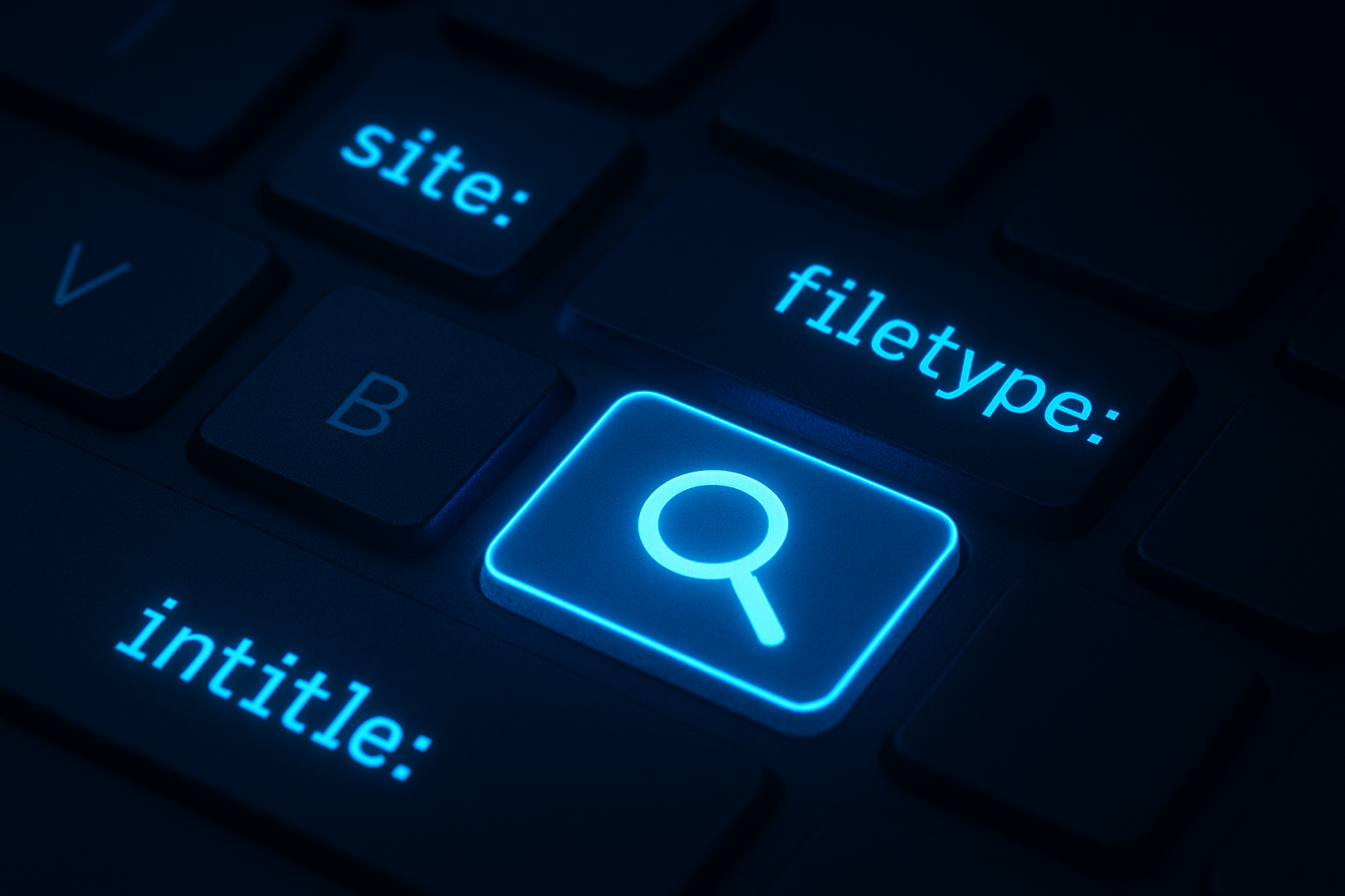 Advanced Bing search operators displayed as glowing text above a keyboard