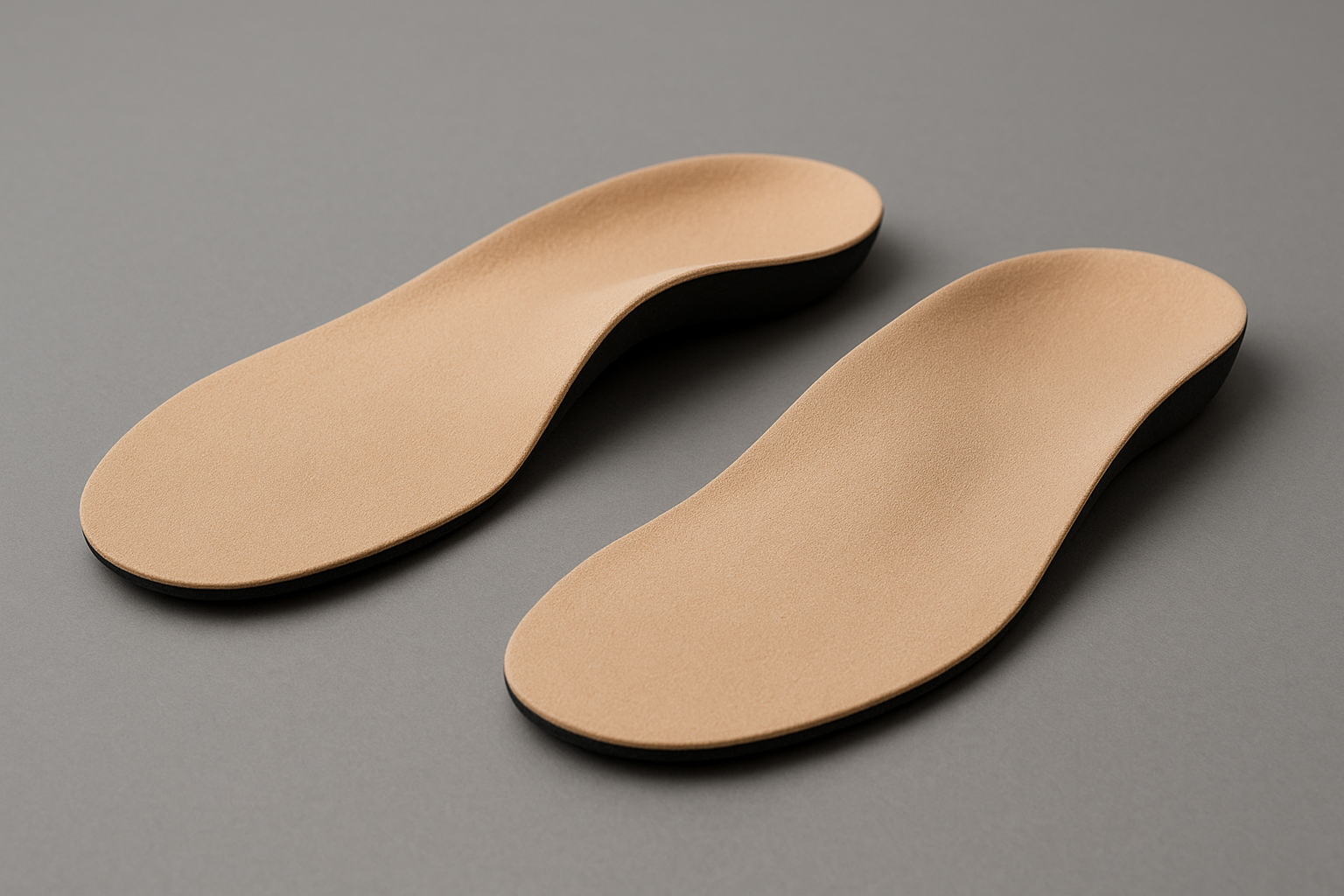Finished pair of custom orthopedic insoles showing contoured arch support