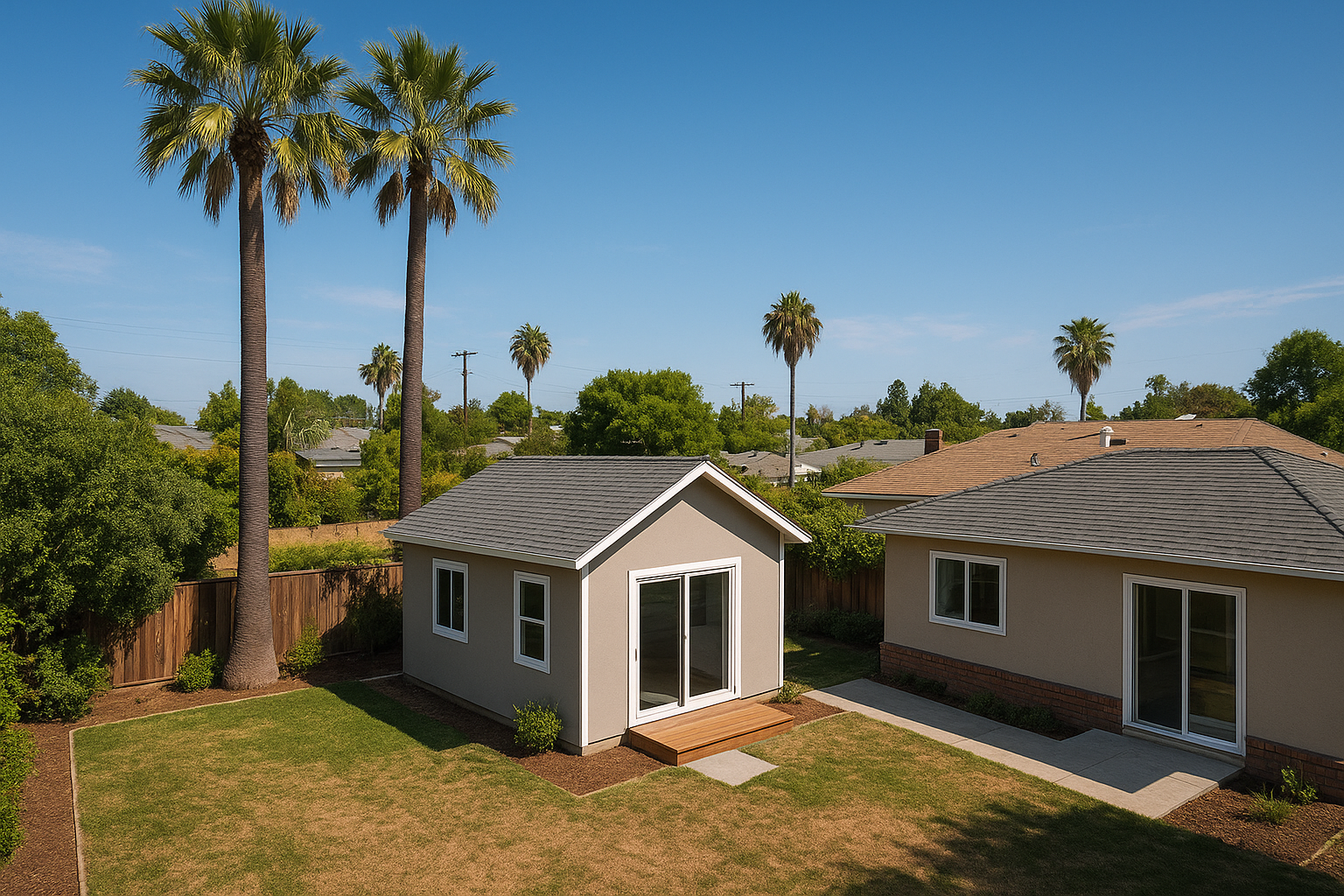 Aerial view of a detached factory built ADU behind a Southern California home