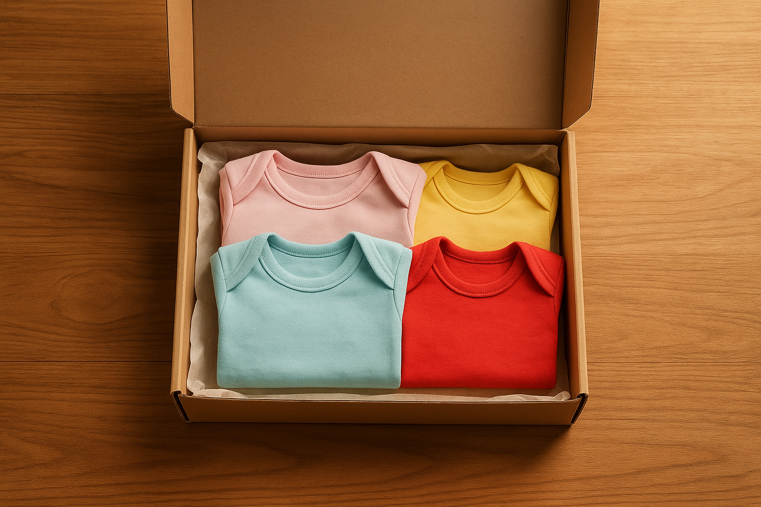 Open children's clothing subscription box with neatly folded kids outfits ready for a monthly wardrobe plan