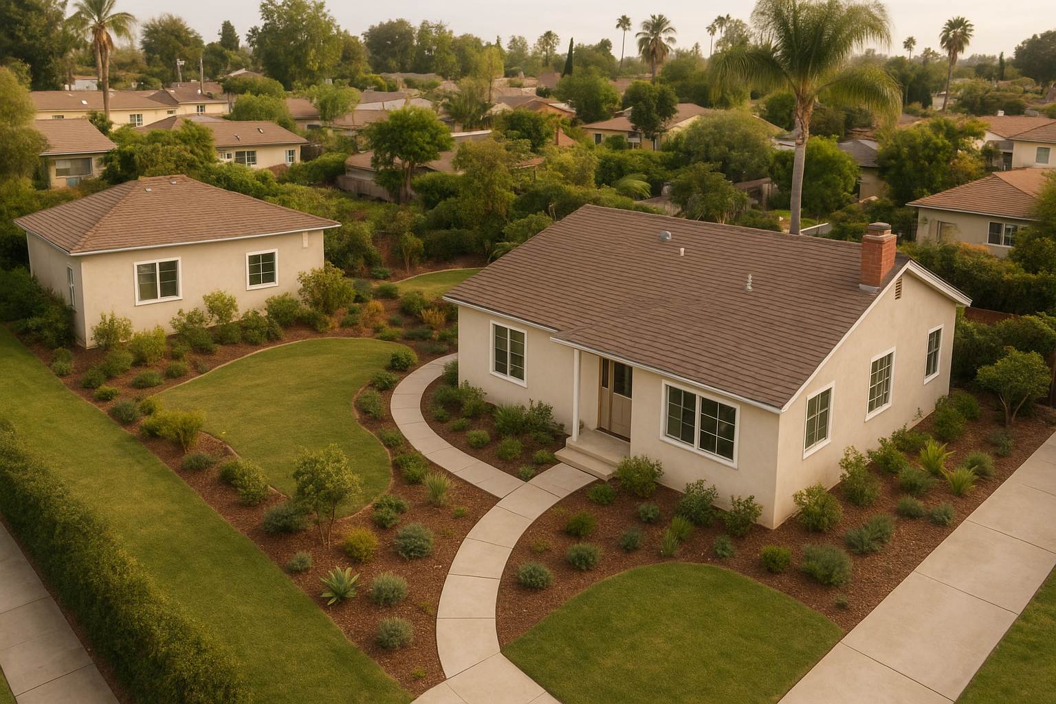 Aerial view of a home with a granny flat unit in the backyard in a Southern California neighborhood