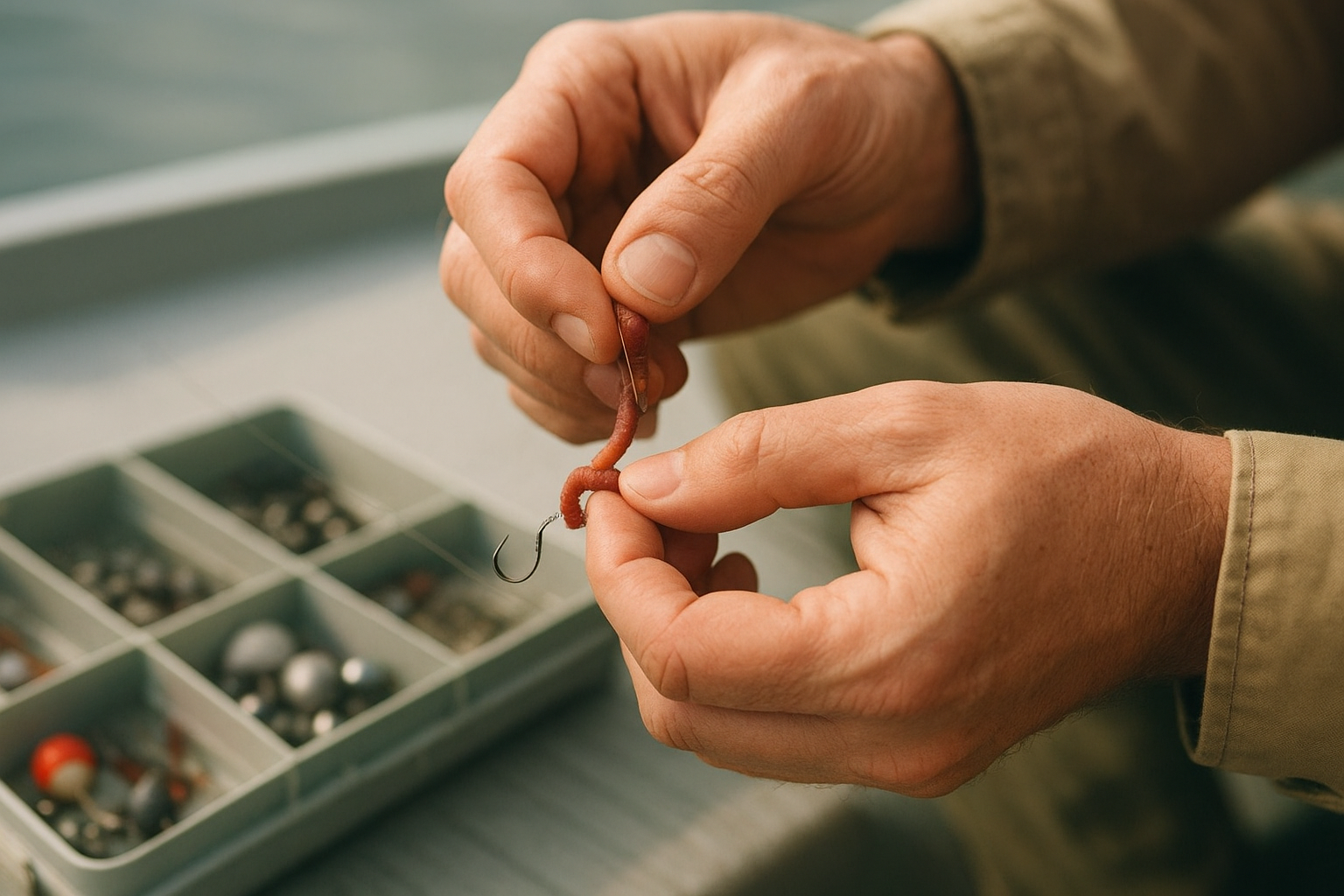 Beginner angler learning to bait a hook during a private fishing lesson on coastal water