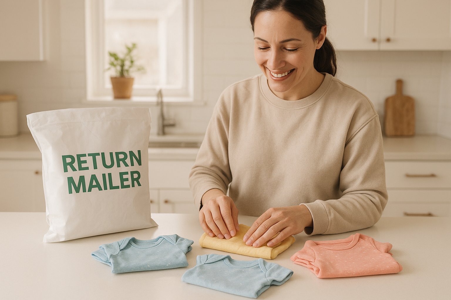 Parent preparing outgrown baby clothes for return in a rental subscription service