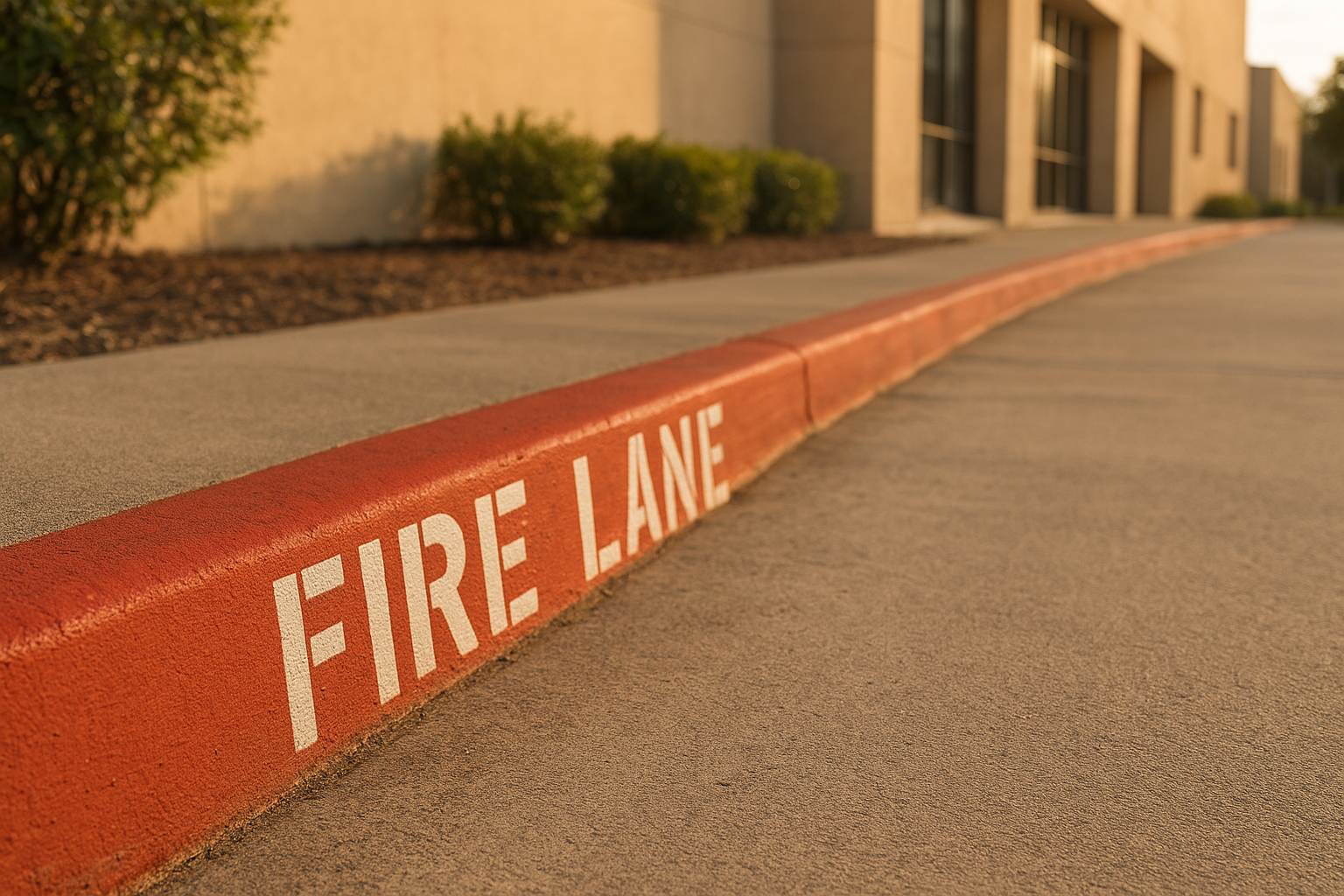 Red fire lane curb marking along a commercial property driveway in Texas