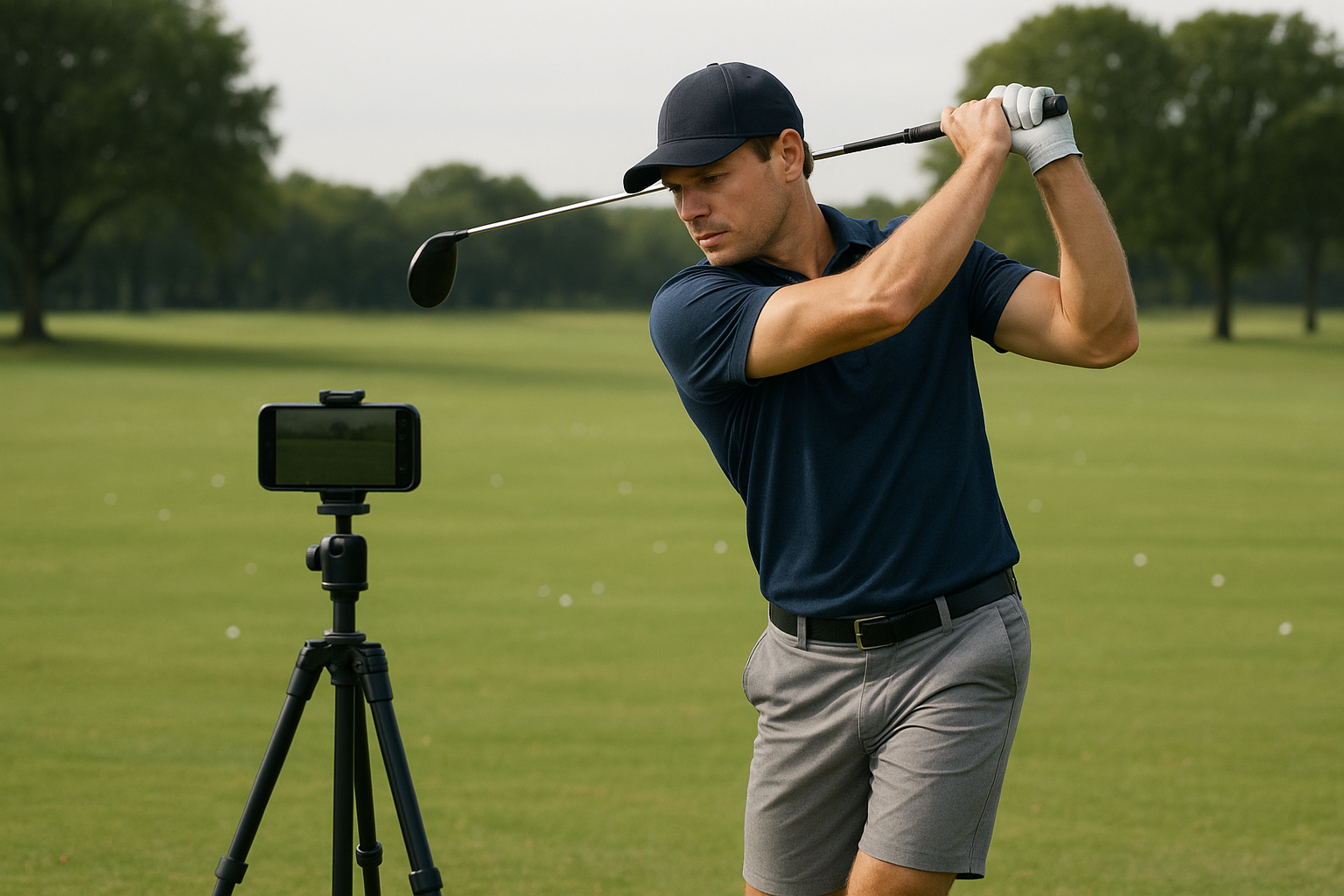 Golfer using a tripod-mounted smartphone to evaluate golf swing performance remotely