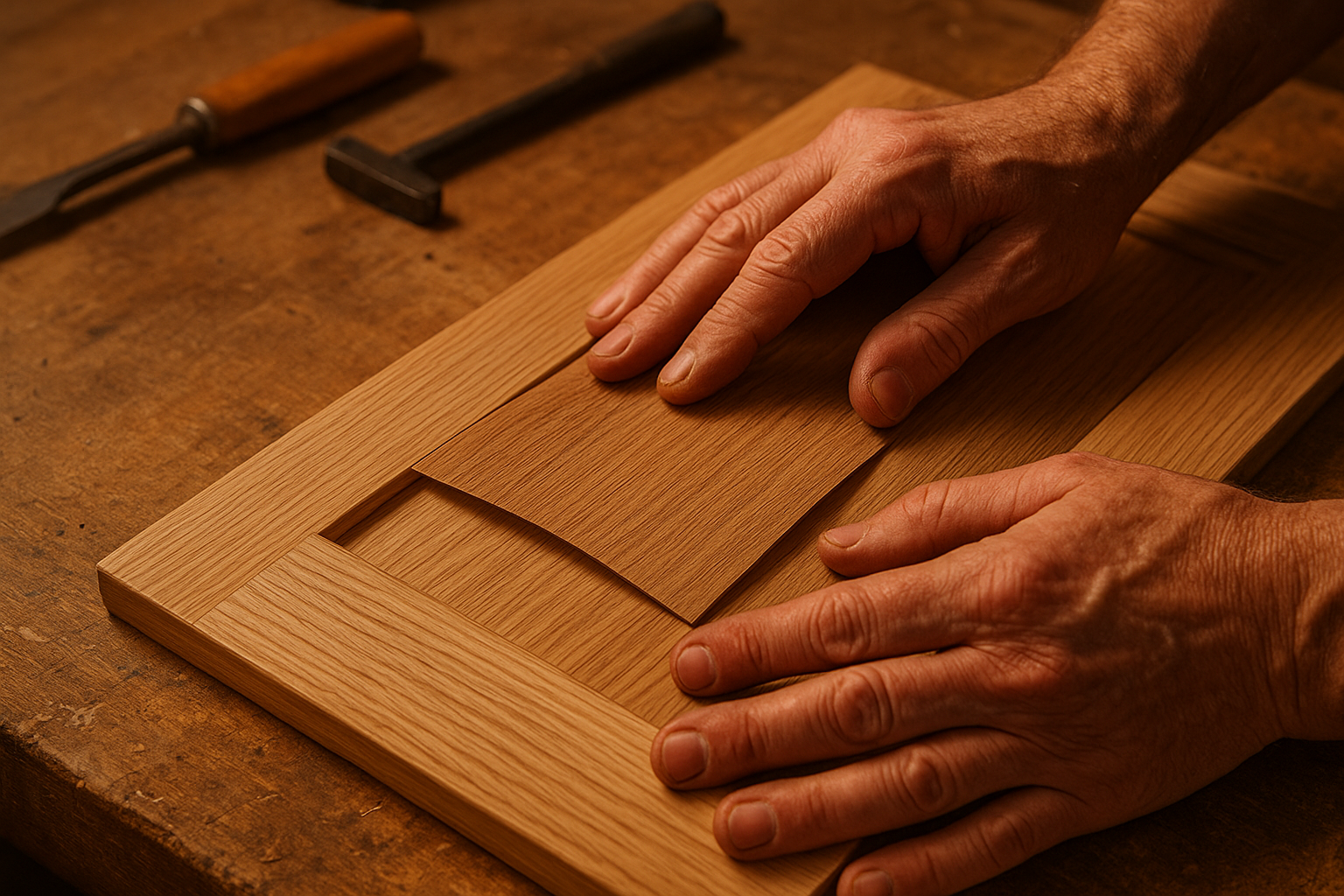 Craftsman applying wood veneer finish during a cabinet door restoration project
