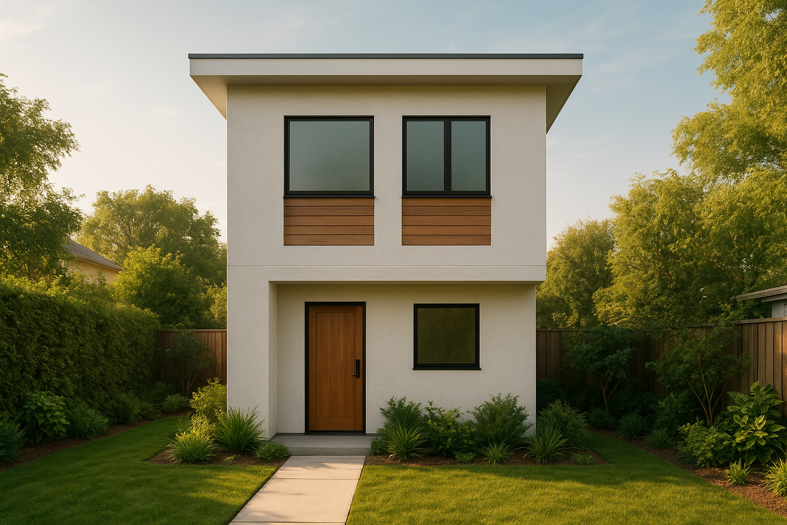 Modern 2 story ADU with white stucco exterior and wood accents in a residential backyard