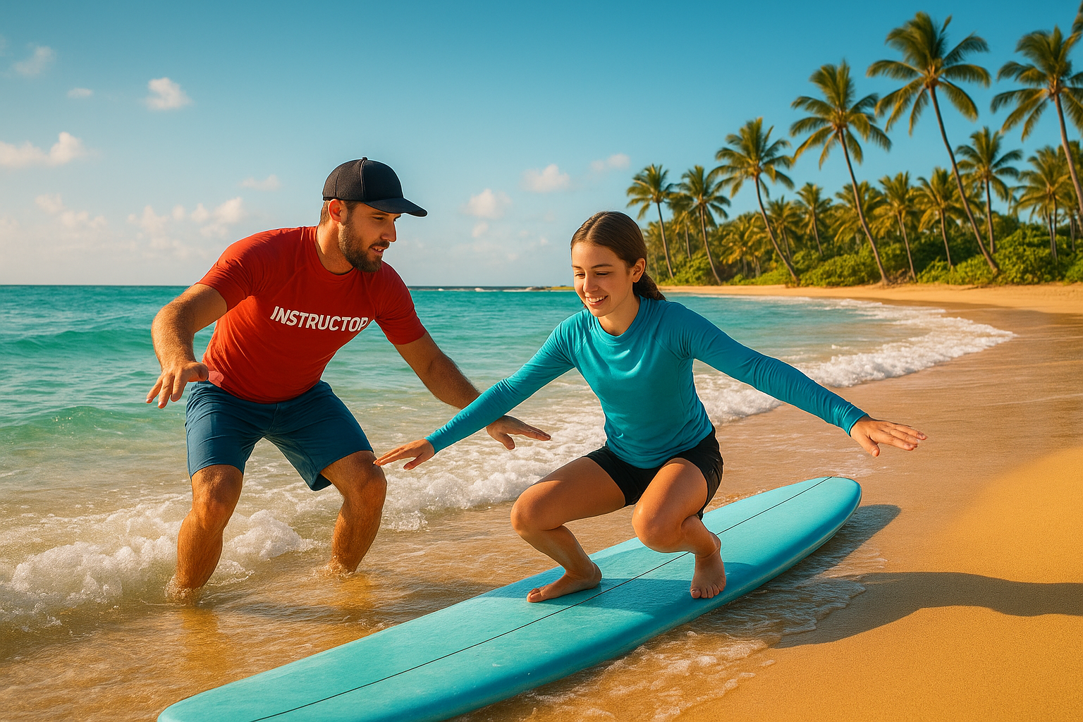 Surf coaching Waikiki instructor guiding beginner student on a longboard in turquoise Hawaiian waters